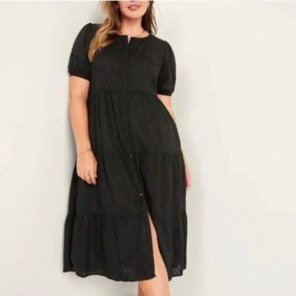 Old Navy Puff Sleeve Clip Dot Button Front Midi Swing Dress Black Tiered Medium